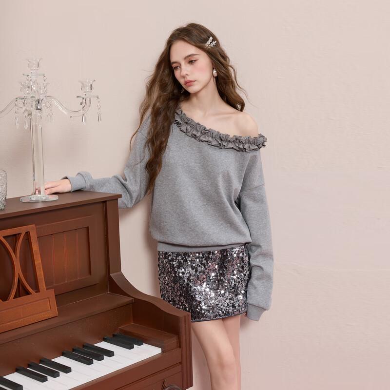 

Sancai 2025 Winter Two-Way Off-Shoulder Lace Trim Sweatshirt S (155/80A)