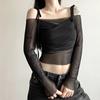 Women's One Collar Long Sleeved Waist Cinched And Exposed Navel Slim Fit T-Shirt Top