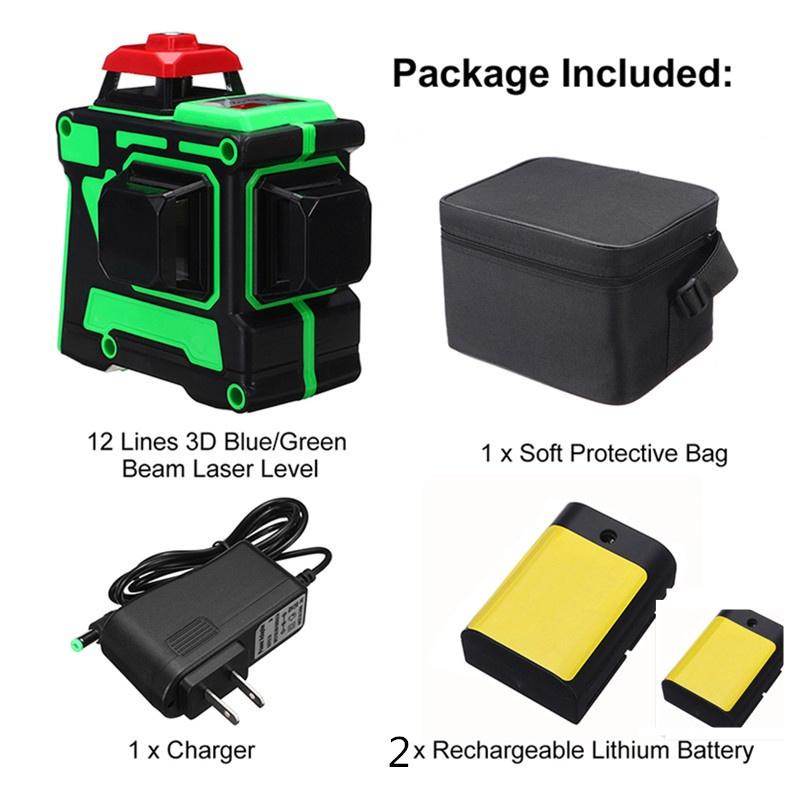 3D 12 Line Laser Level Blue Green Light 360 Degree Rotation Auto Leveling Horizontal Vertical Laser Beam with 2 Battery