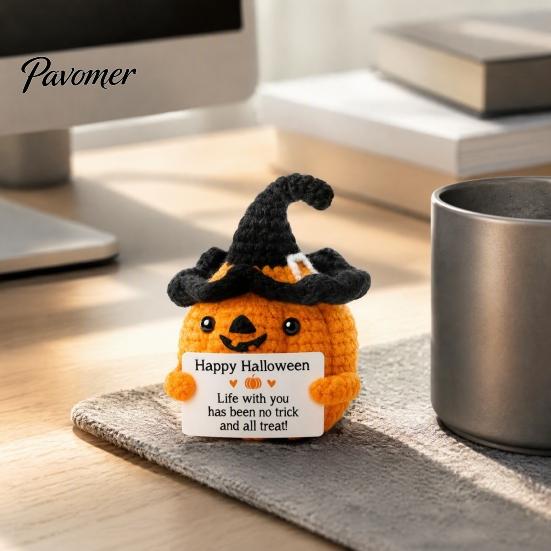 Hand Crocheted Seasonal Gift Handmade Crochet Positive Pumpkin with Witch Hat, Fall Boo Basket Stuffer, Woolen Ornament Mini Knitted Plush Figurine,