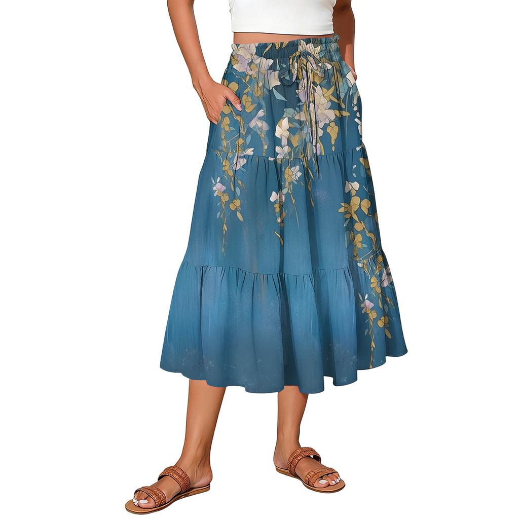 Womens Maxi Skirt Drawstring High Waisted Summer Long Skirts Lightweight Tiered Flowy Floral Pleated Skirts
