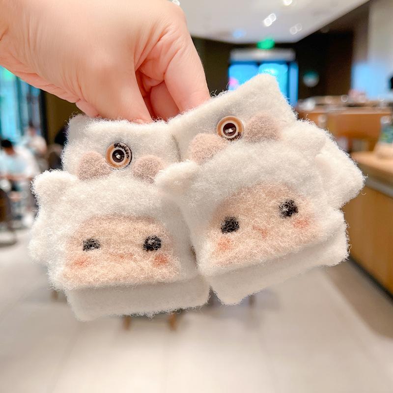 Autumn and winter cartoon fruit children's flip gloves open fingers outdoor cold-proof boys and girls baby children half-finger warm gloves