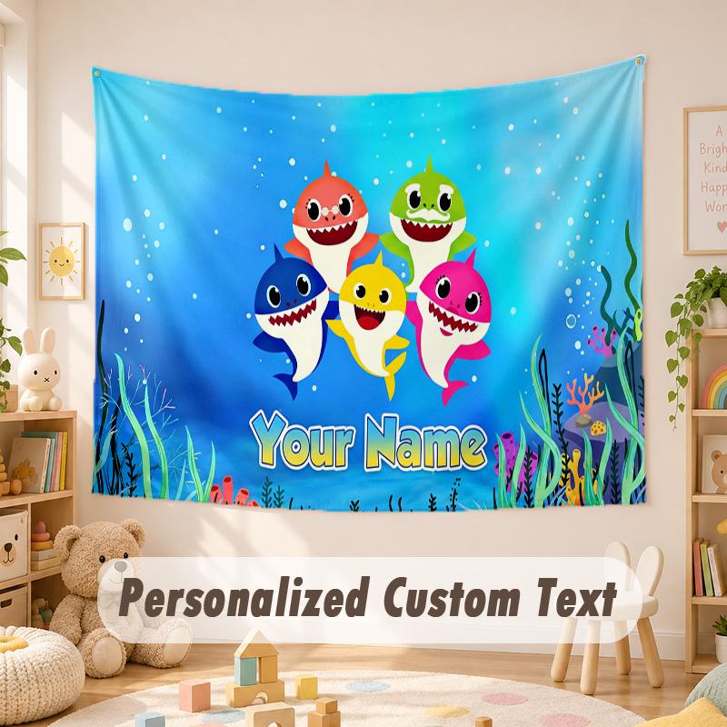 Custom Name Text Tapestry,Baby Shark Boho Wall Hanging, Decorative Backdrop Tapestry For Room