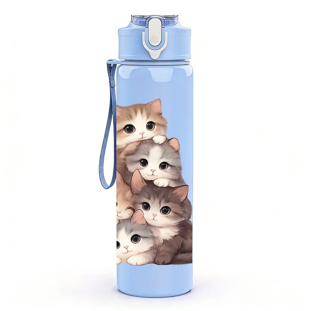 1 Stück gestapelte flauschige Katzen Kunst 750ml Farbe Kunststoff Sportwasserflasche Auslaufsicher Klappdeckel mit Strohhalm Geeignet für Sport Büro Zuhause