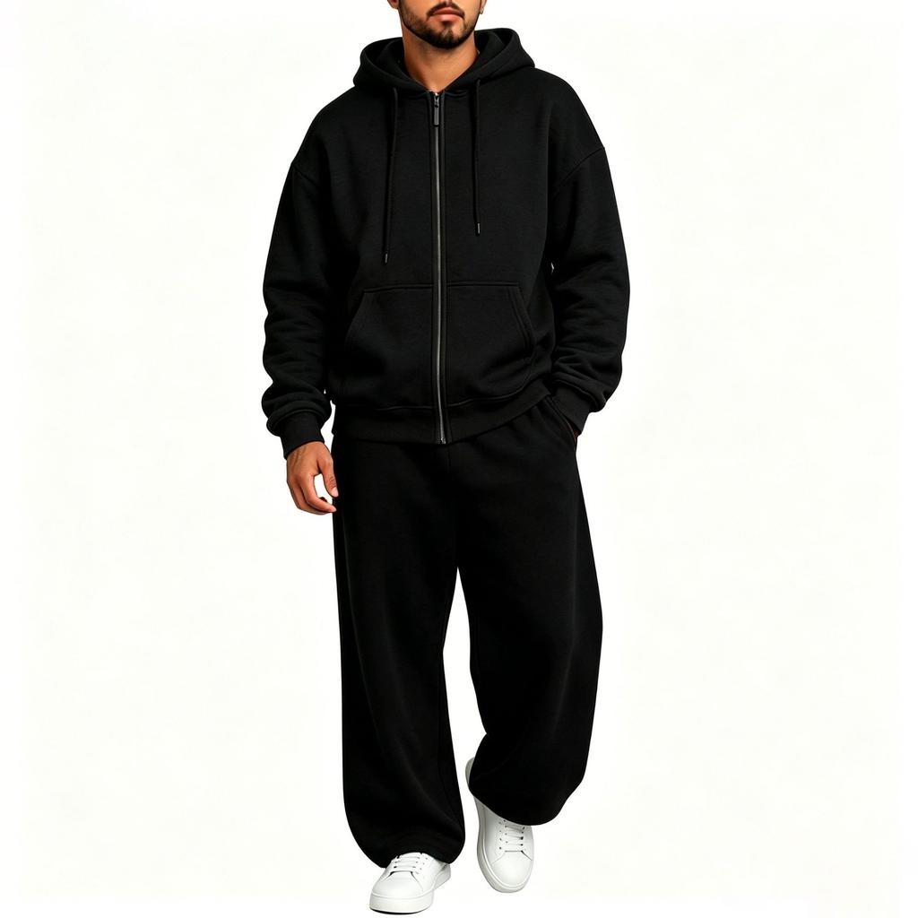 Men's Casual Tracksuit Set Hooded Full Zip Long Sleeve Hoodie Wide Leg Pants Solid Color
