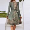Women's Fashion Casual V-Neck Long Sleeve Waist Retro Printed Midi Dress