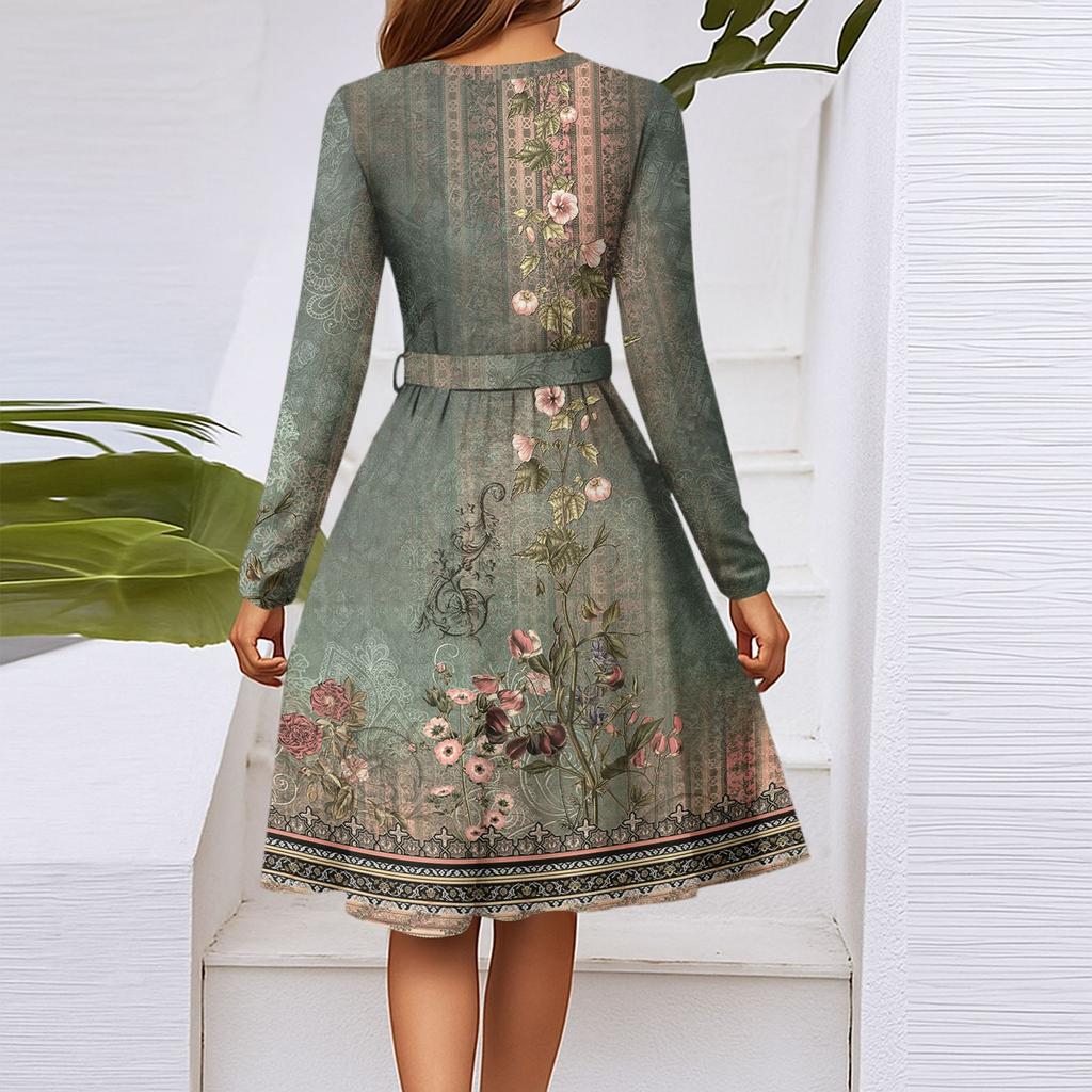 Women's Fashion Casual V-Neck Long Sleeve Waist Retro Printed Midi Dress