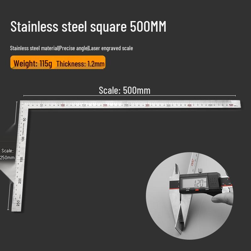 Stainless Steel Thickened L-Shaped Right Angle Ruler (90°, 300/500/600mm) for Woodworking & Decoration