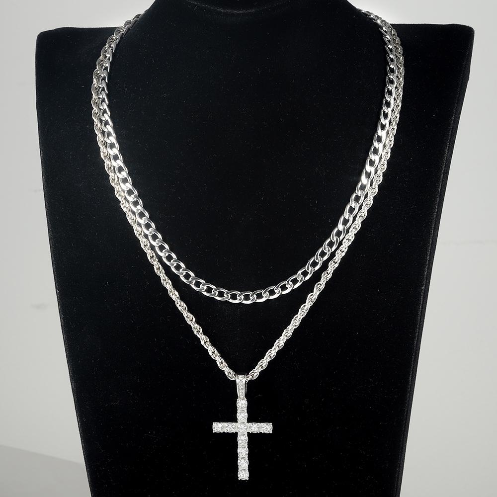 Classic Stylish Cross Jewelry Set Hip-hop Punk Inlaid Zircons Cross Pendant Necklace+Simplicity Cuban Chain Men Party Gift