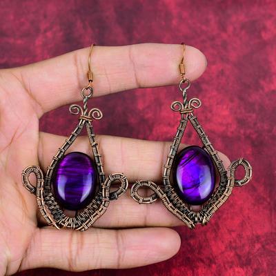 Boucle d'oreille labradorite feu violet boucle d'oreille enroulée de fil de cuivre boucles d'oreilles en pierre précieuse bijoux faits main enroulés de fil cadeaux d'anniversaire bijoux en cuivre