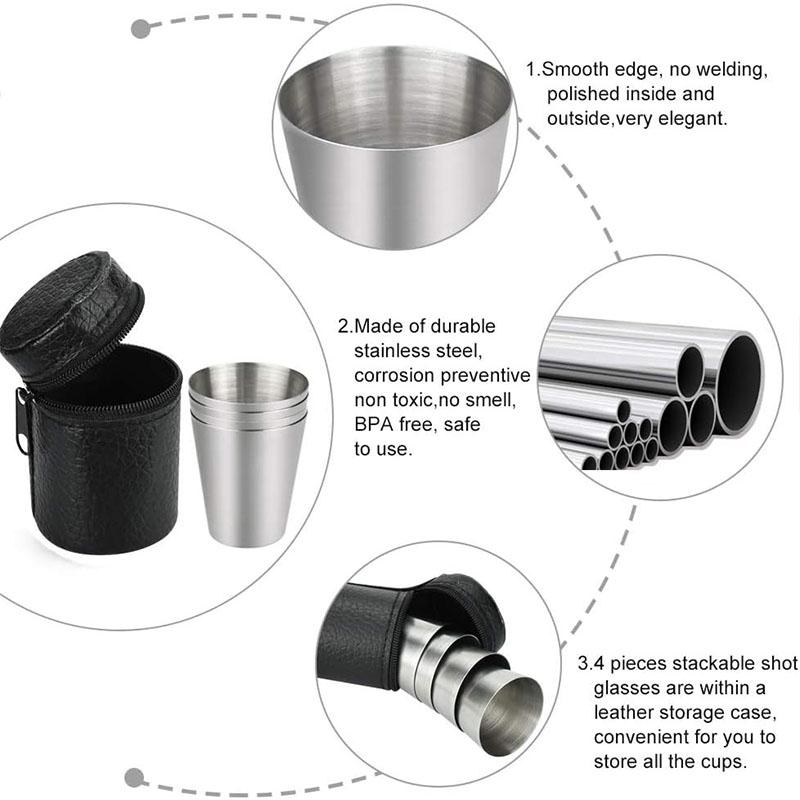 Mini Stainless Steel Cups Set 4Pcs 30ML with Leather Storage Case for Outdoor Travel Party Gifts