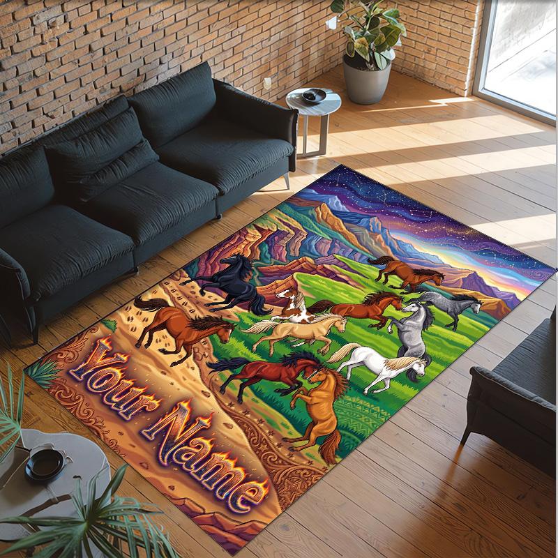 Horse Theme Crystal Velvet Floor Rug Personalized Custom Name Text Warm Carpet Home Decoration