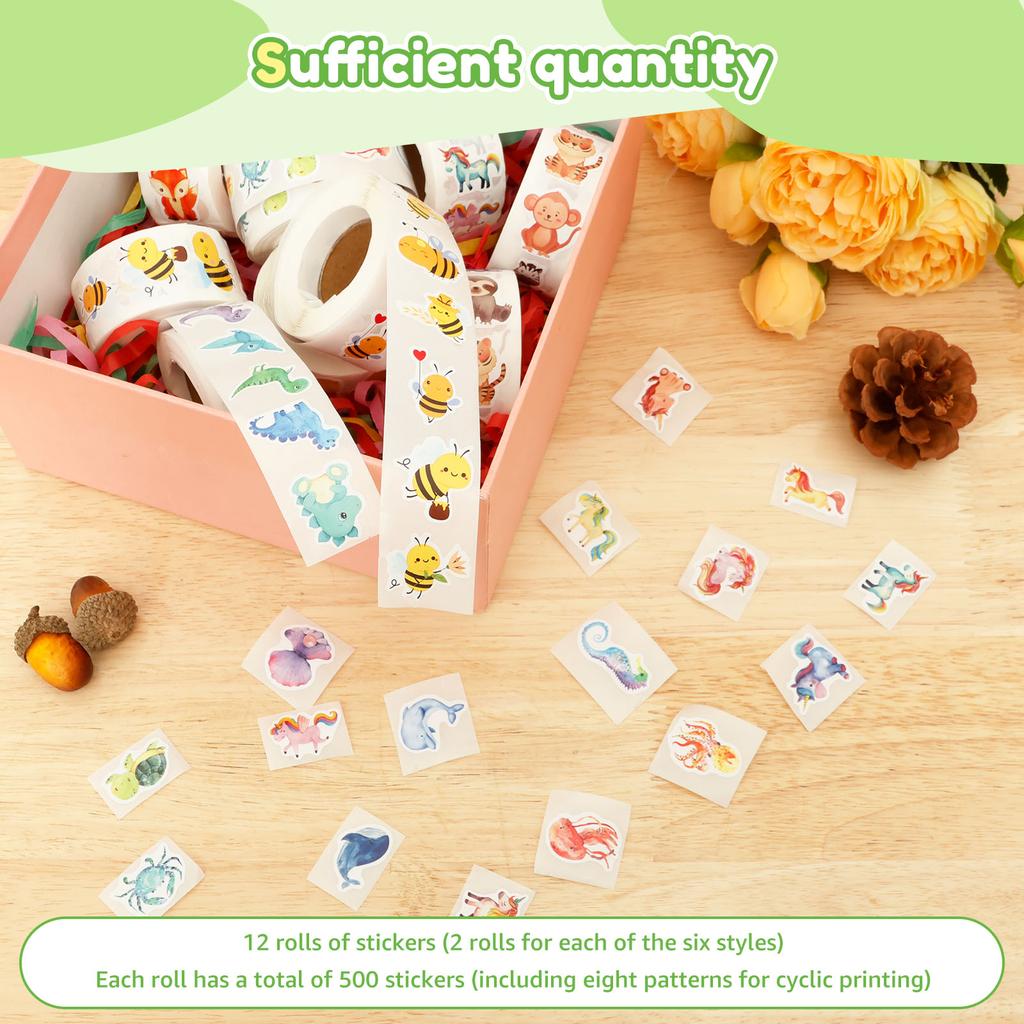 1000/9000pcs Animal Sticker Children's Motivational Sticker Different Pattern Decal for Kid Classroom Cartoon Reward Stickers