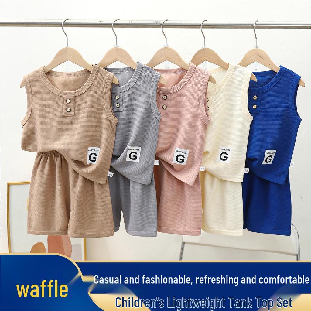 Trendy Waffle Two-Piece Summer Vest Set for Kids: Short-Sleeved Outfit