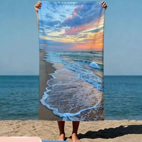 Ocean Waves Striped Collage Watercolor Hand-Painted Style Beach Towel Quick Dry Sand Proof Towel Lightweight Summer Bath Towel