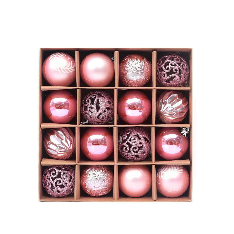 6cm Electroplated Pink Christmas Ball Ornaments - 16 Piece Set with Snowflakes