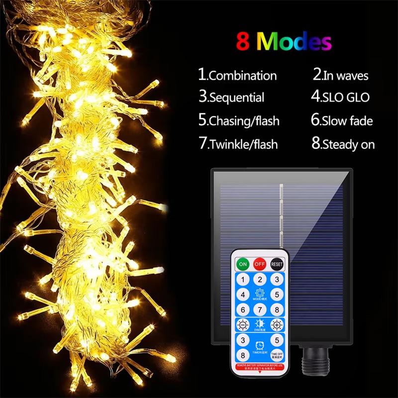5/10M Solar LED String Lights with Remote Control 8 Modes Waterproof Fairy Garland for Outdoor Garden Wedding Party Christmas Decor