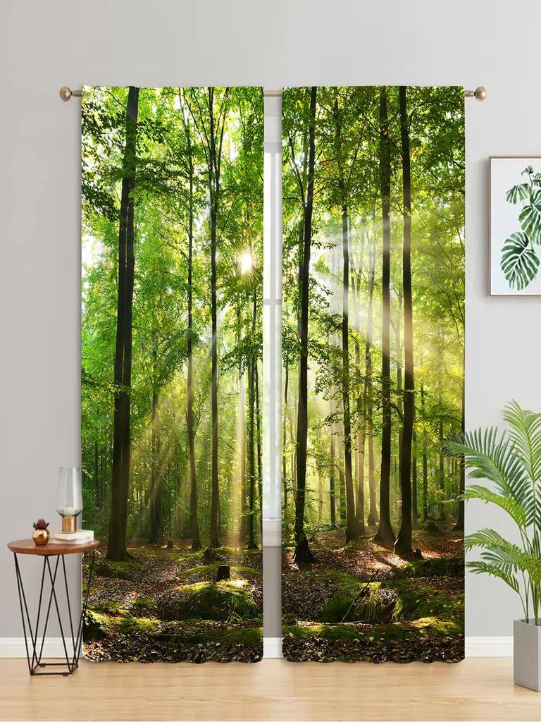 2pcs Forest Sunshine Natural Scenery Window Curtains, Perfect For Bedroom Office Living Room Study Kitchen Door Home Decor Hook