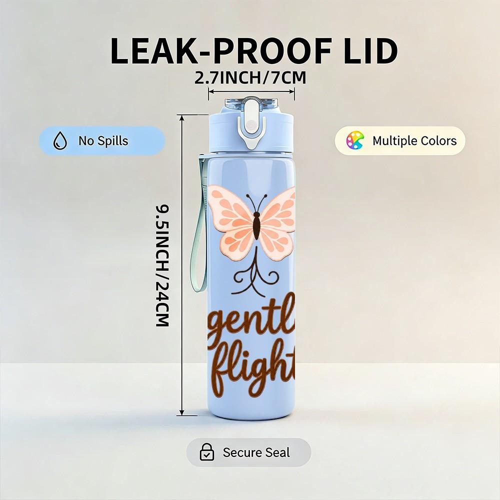 1PC Gentle Flight Butterfly Quote Art 750ml Color Plastic Sports Water Bottle Leakproof Flip Straw Lid Suitable for Sports Office Home Use