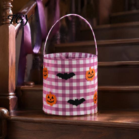 Reusable Candy Totes Halloween Bucket, Trick or Treat Basket for Kids Boys Girls, Plaid Pumpkin Autumn Scene Accessories Bat Ghost Tote Bag