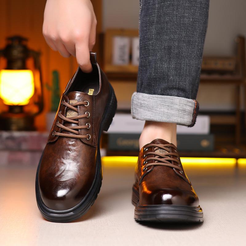 Men'S Chunky Sole Work Boots British Retro Style Platform Casual Shoes Comfortable Non-Slip Leather Ankle Boots Fashion Footwear