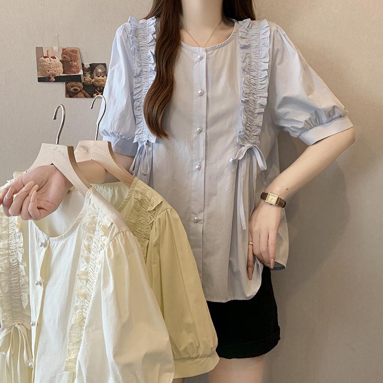 Plus Size Korean Ruffle Lace Puff Sleeve Summer Doll Shirt for Women - Loose, Slimming, Unique Design