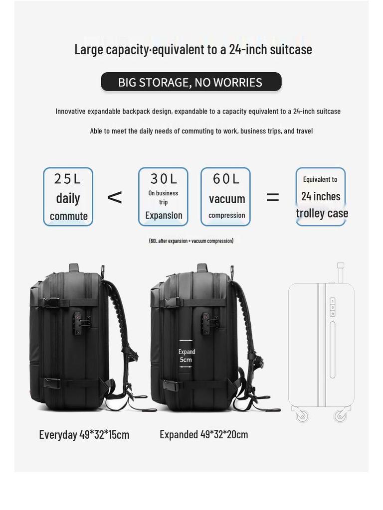 Expandable Large-Capacity Men's Travel Backpack with Vacuum Compression for Short Trips and Laptop Storage