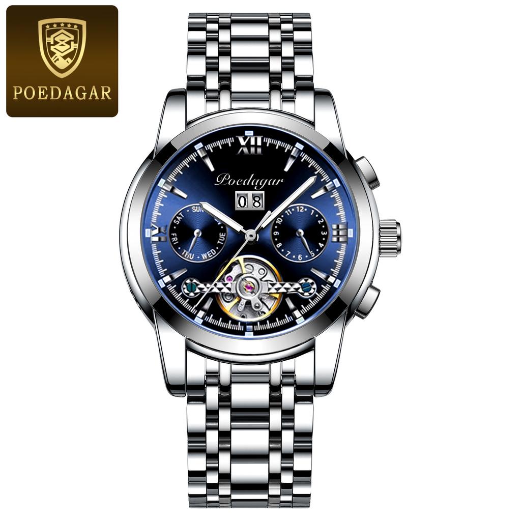 POEDAGAR Automatische mechanische Herrenarmbanduhr Hohl-Tourbillon Edelstahl-Uhr Wasserdicht Leuchtend Datum Uhren