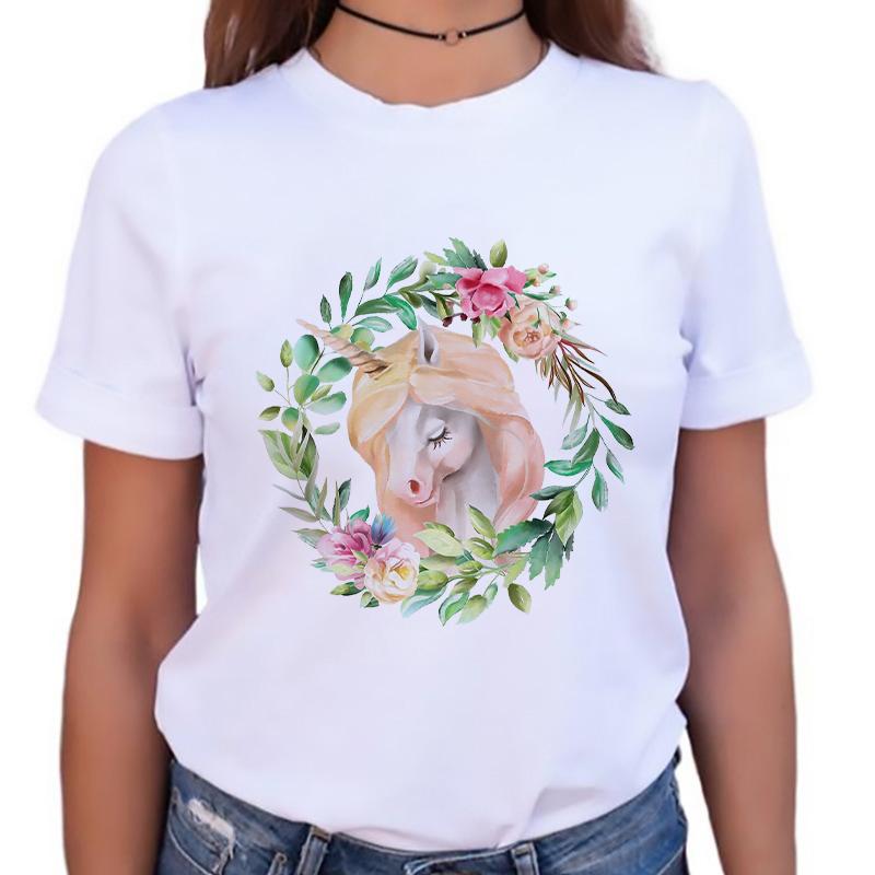 Womens Tshirt Stylish O-Neck Short Sleeve Cartoon Horse Simple Female Tee Tshirts Summer Clothes White Tops 90S Female T Shirt