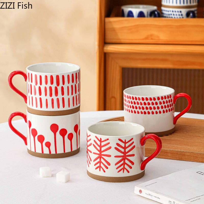 Creative Red Patterned Stacking Cup Porcelain Mugs Tableware Coffee Mug Dining Table Afternoon Tea Teacup Fruits Juice Cup