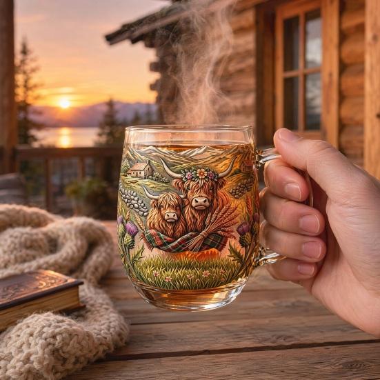 350ML Hand-painted Highland Cow Glass, Highland Cattle Coffee Mug with Handle, Heat-Resistant Tea Milk Water Drinking Cup