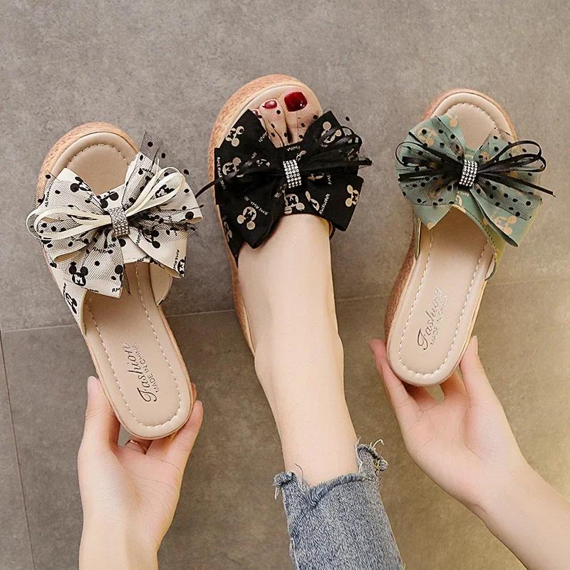 Fashion Slippers Women 2025 New Sweet Bow Ladies Open Toes Summer Sexy High Heel Slippers Woman Slides Platform Wedges Shoes for Women