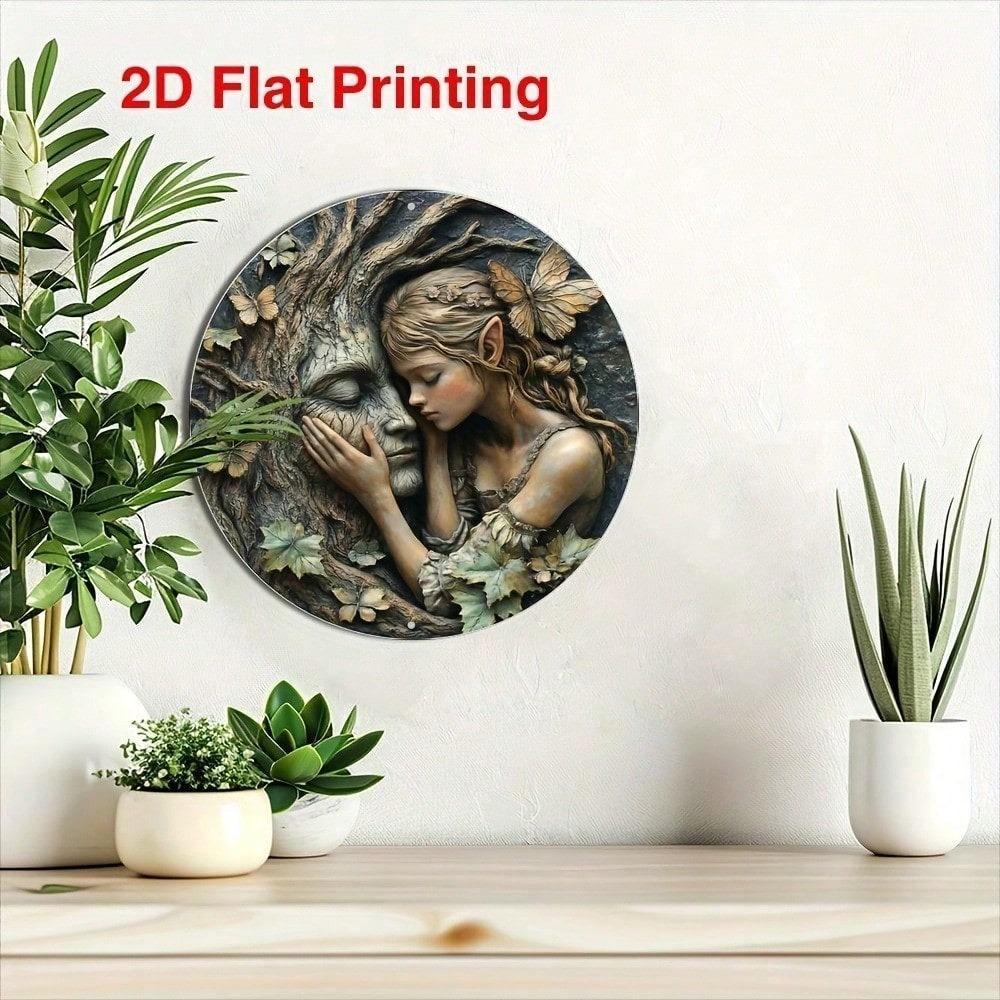Fantasy Fairy Tree God 2D Flat Metal Tin Sign 8x8 Inch Round Wall Art Decor Durable Iron Indoor Outdoor Hanging Plaque