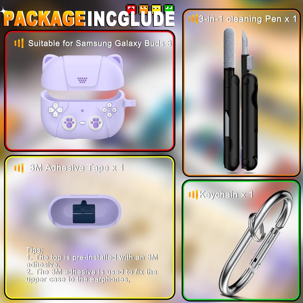 R-fun New Samsung Galaxy Buds 33 Pro Silicone Case, Compatible with Samsung Galaxy Buds 3 Headphones, Game Console Design with Cat Ears, Lavender