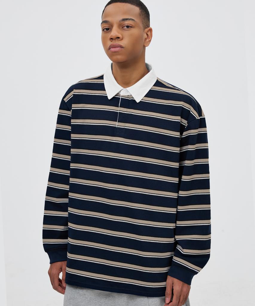 TRILLION Striped Rugby Oversized Pique Polo Shirt [Navy]