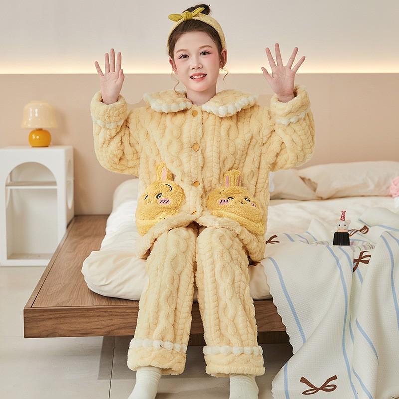 Girls Warm Fleece Pajama Set Long Sleeve Cartoon Print Sleepwear Winter Home Use