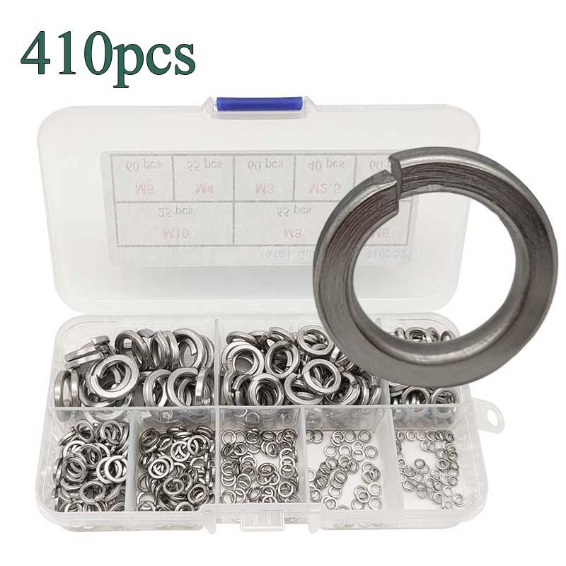 304 Stainless Steel Spring Washers Set, M2-M10, Elastic Spring Gaskets, 410pcs Boxed