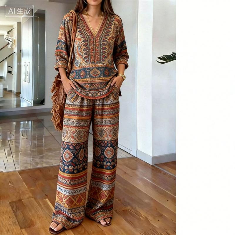 Printed temperament top wide-leg pants two-piece women's clothing European and American fashion suit