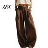 Pleated Palazzo Pants Women Wide Leg Casual Pants, Elastic Waist Solid Color Loose Breathable Trousers, Spring Fall with Pockets Lightweight