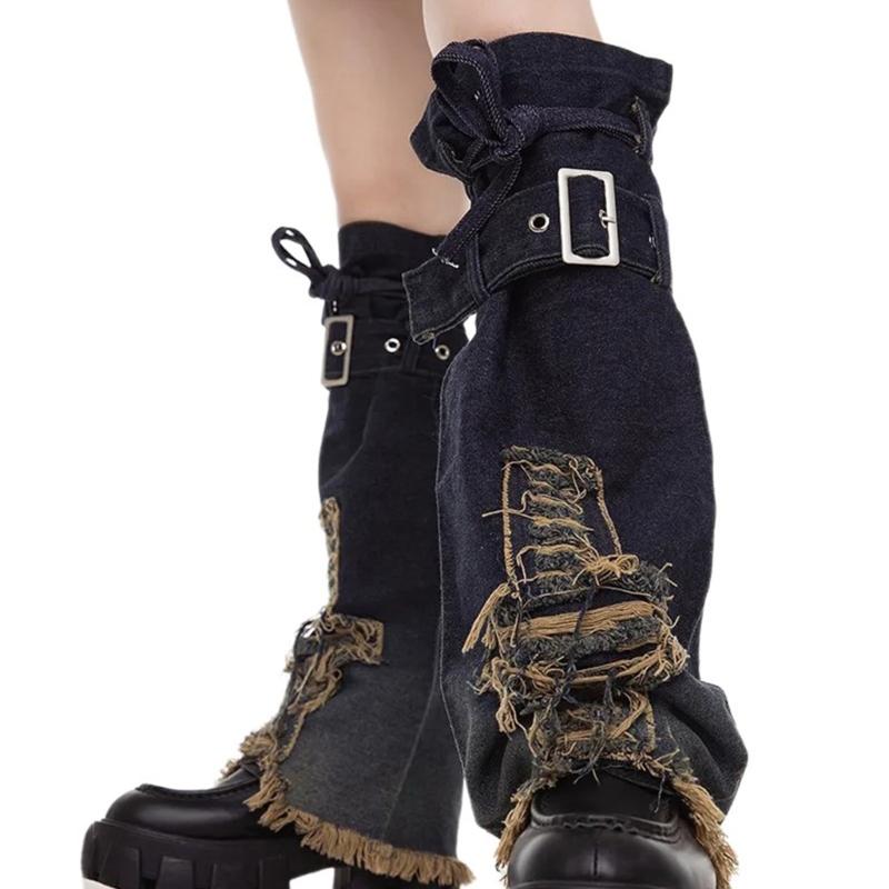 Japanese Women Buckled Strap Distressed Crosses Star Jeans Leg Warmers Harajuku Punk Flared Leg Cover Baggy Long Socks