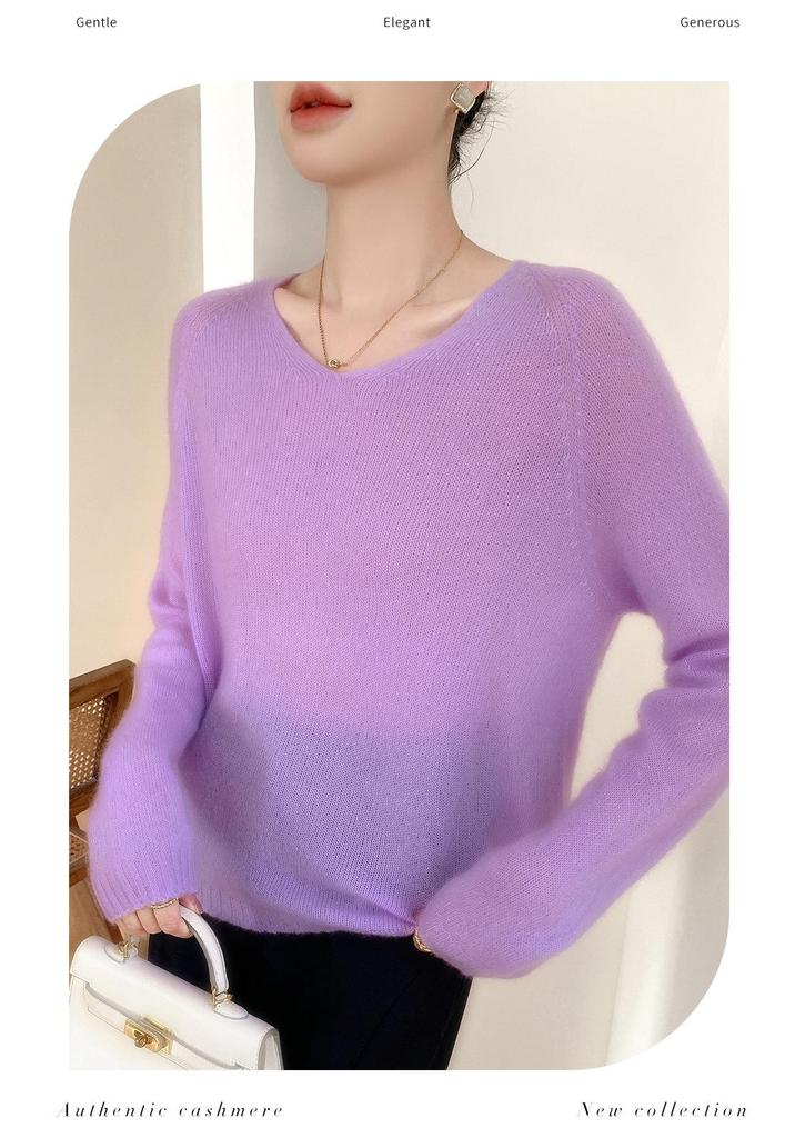 Mulberry Silk V-neck Sweater: Soft, Lightweight Velvet Knit, Women's Loose Fit for Autumn/Winter.