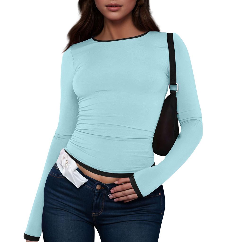 Women's Fashion Colour Blocking Round Neck Long Sleeve T-Shirt Top