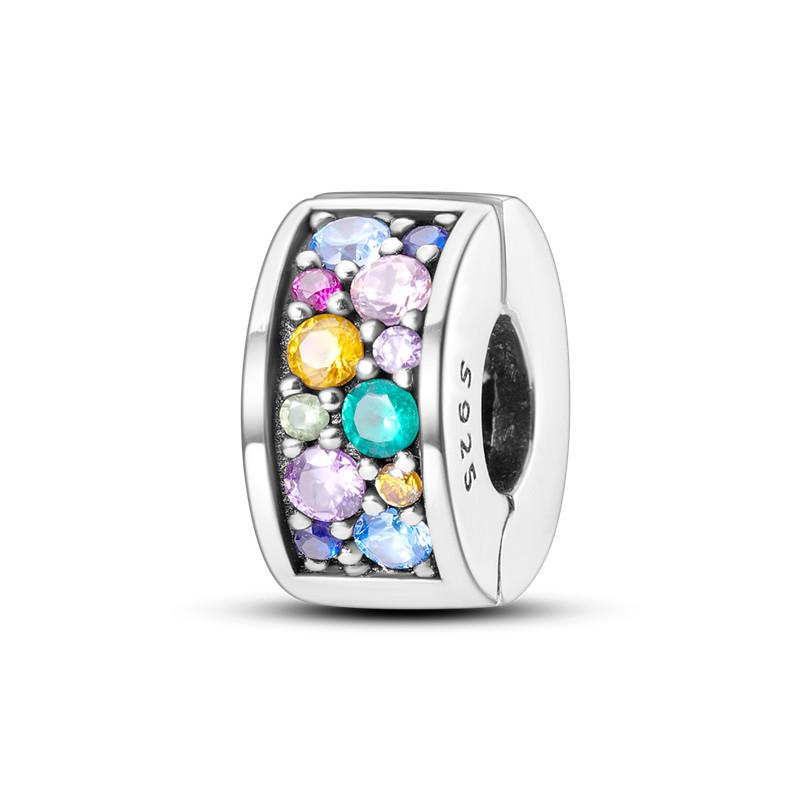 Multi Color Charms Fit Fashion Original Bracelets 925 Silver Colorful Zircon Rainbow Bead Love Heart Clip Charm DIY Jewelry