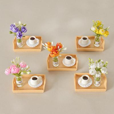 Miniature Dollhouse Coffee Cup Ornament Set - Handmade Tray & Vase Accessories