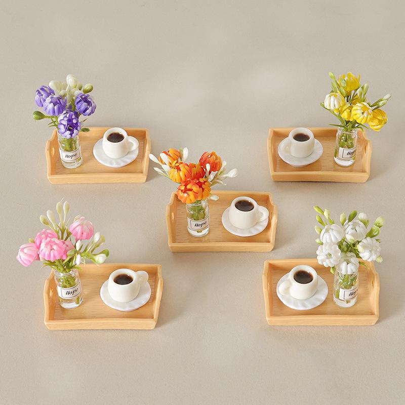 Miniature Dollhouse Coffee Cup Ornament Set - Handmade Tray & Vase Accessories