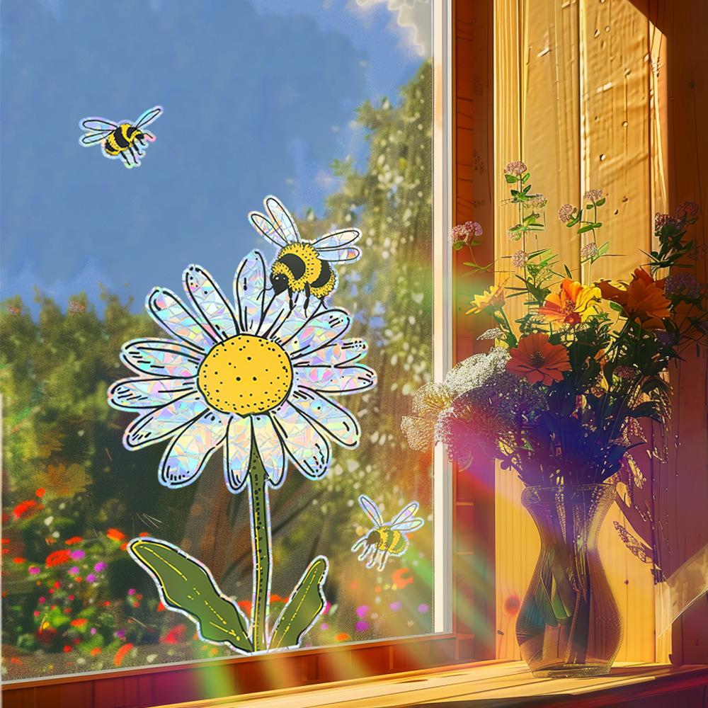 Cartoon Little Bee Daisy Balcony Home Decoration Glass Doors and Windows Static Window Stickers