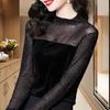 Women Shirt Shiny Stripe See-through Lace Patchwork Long Sleeve Stand Collar Solid Color Soft Pullover Commute Lady Blouse Top