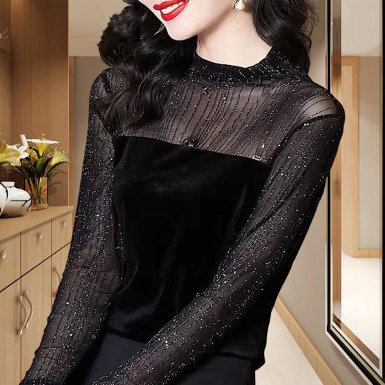 Women Shirt Shiny Stripe See-through Lace Patchwork Long Sleeve Stand Collar Solid Color Soft Pullover Commute Lady Blouse Top