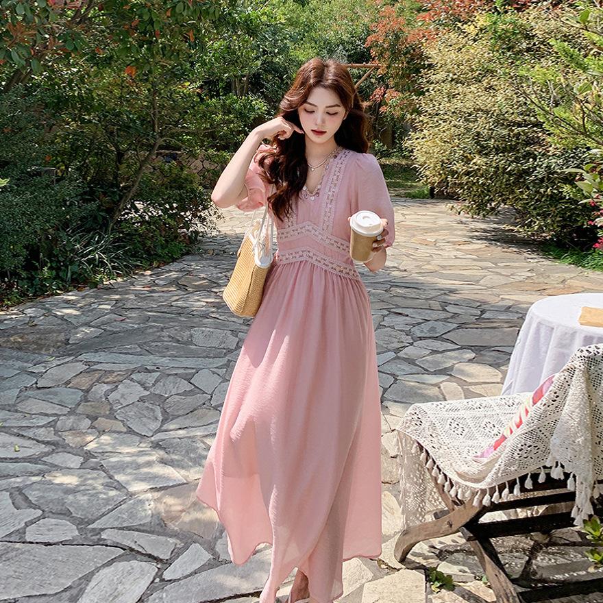 

Розовое милое платье с рукавами-пузырями и V-образным вырезом, женское летнее новое нежное платье с тонкой талией и феей XL розовый