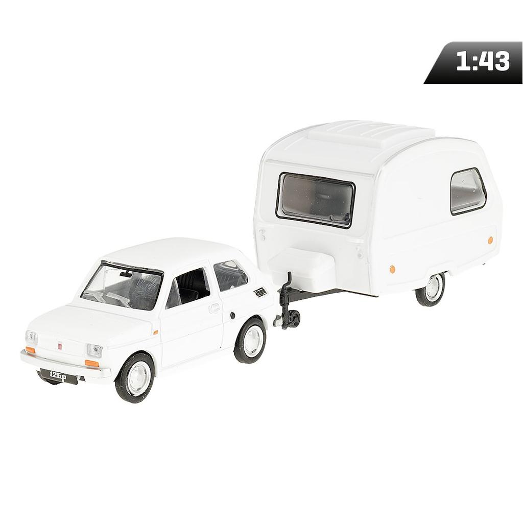 Model 1:43 Zestaw Fiat 126p + przyczepa Niewiadów Kemping, biały